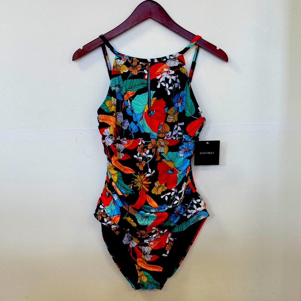 Ellen Tracy Stripe It Key Hole Swimsuit